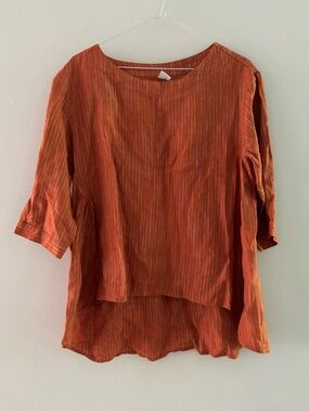 LINTICO Burnt Orange Terracotta Striped 100% Linen Peplum 3/4 Blouse Top Small
